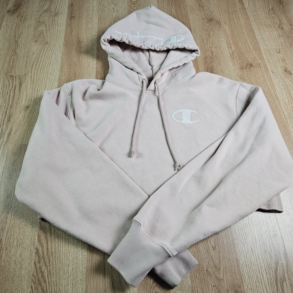 Champion Reverse Weave Hoodie Womens Small Pink‎ Cropped Raw Hem Sweatshirt Logo